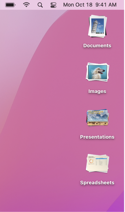 螢幕右緣顯示四個堆疊的 Mac 桌面，分別為文件、影像、簡報和試算表的堆疊。