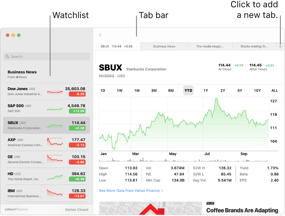 A Stocks window showing the watchlist on the left with one ticker symbol selected, and the corresponding chart and news feed in the right pane.