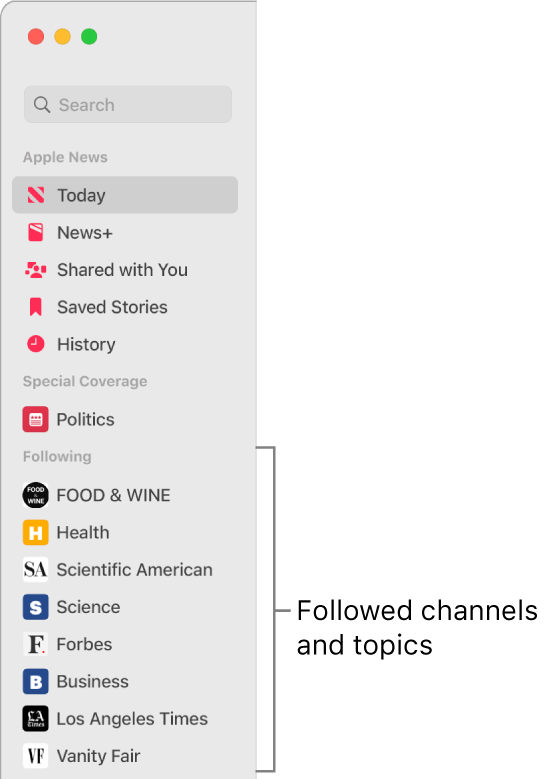 The Apple News sidebar showing followed channels and topics.