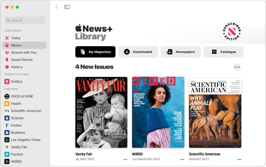 The Apple News window showing News+ selected in the sidebar. In the Apple News+ Library on the right, the My Magazines collection is selected. Below the title 4 New Issues, issues are arranged in a grid.