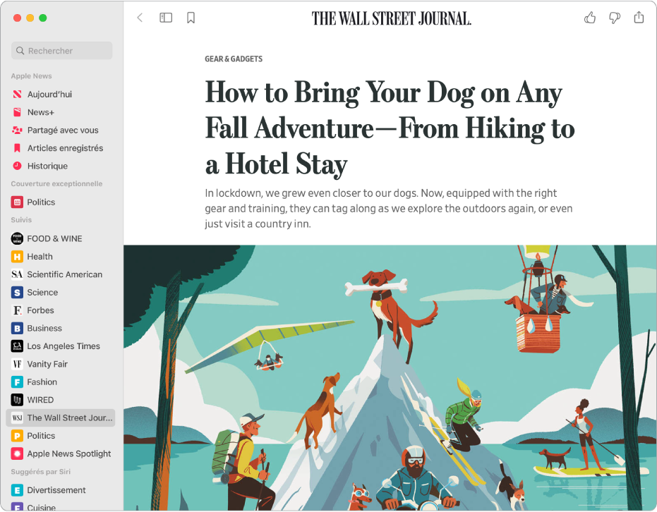 La fenêtre Apple News affichant une chaîne enregistrée est sélectionnée dans la barre latérale et un article de la chaîne s’affiche sur la droite.