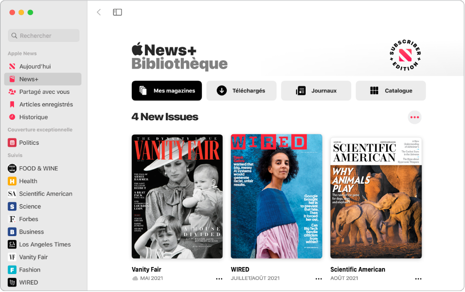 La fenêtre Apple News qui affiche News+ sélectionnée dans la barre latérale. Dans la bibliothèque Apple News+ à droite, la collection Mes magazines est sélectionnée. Sous le titre 4 Nouveaux numéros, les numéros sont disposés sous forme de grille.