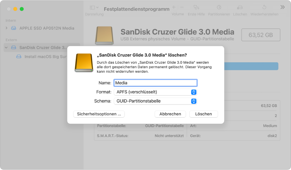 Fenster des Festplattendienstprogramms mit dem Dialogfenster „Löschen“, in dem gerade Einstellungen festgelegt werden, um einen USB-Stick in ein APFS-verschlüsseltes Format zu formatieren.