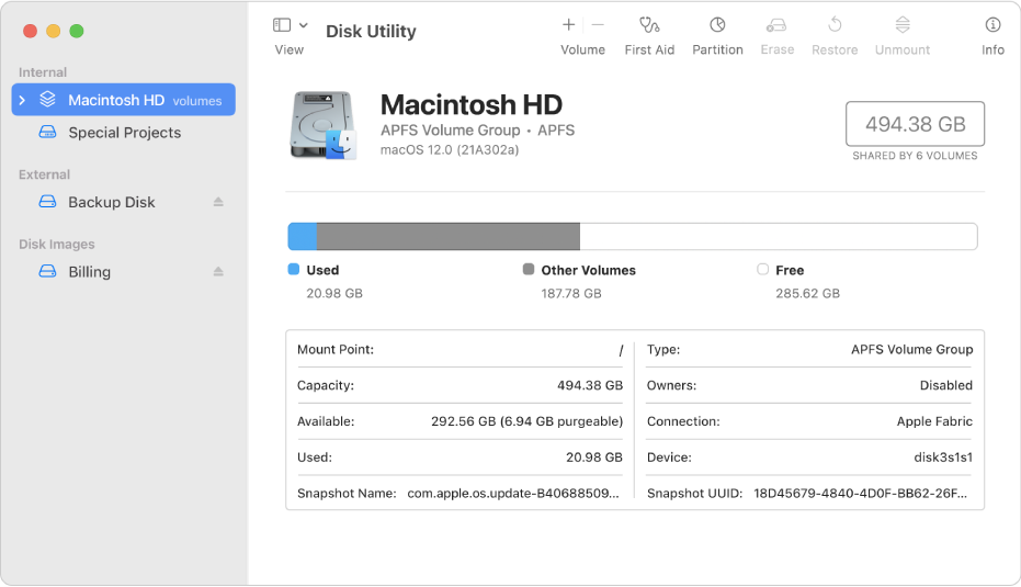 The Disk Utility window, showing two APFS volumes on an internal disk, a volume on an external disk and a disk image.