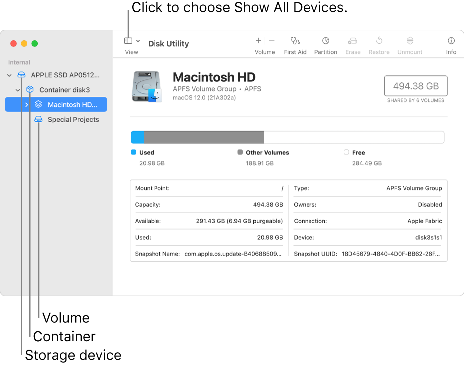 A Disk Utility window in Show All Devices view.