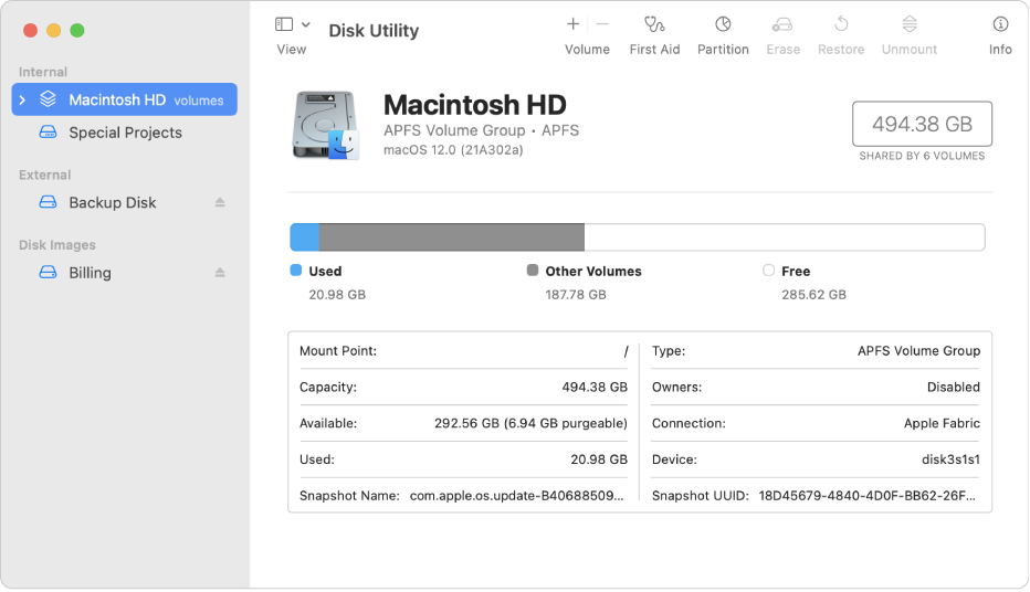 A Disk Utility window with Show Only Volumes view selected. The sidebar on the left displays two internal volumes, one external volume and one disk image volume. The pane on the right shows details about the selected volume.