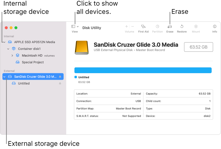 A Disk Utility window showing two storage devices in Show All Devices view.
