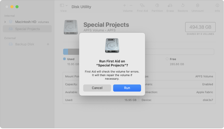A Disk Utility window showing the First Aid confirmation dialog.