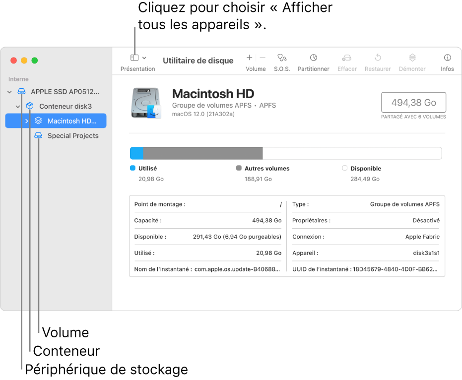 Une fenêtre Utilitaire de disque en présentation « Afficher tous les appareils ».