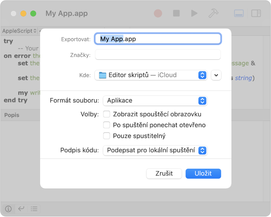 Dialogové okno Exportovat s místní nabídkou Formát souboru, v níž je vybrána volba Aplikace. Dále zde vidíte možnosti, které lze nastavit při ukládání skriptu.