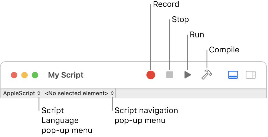 The Script Editor toolbar showing the record, stop, run, compile, script language, and script navigation controls.