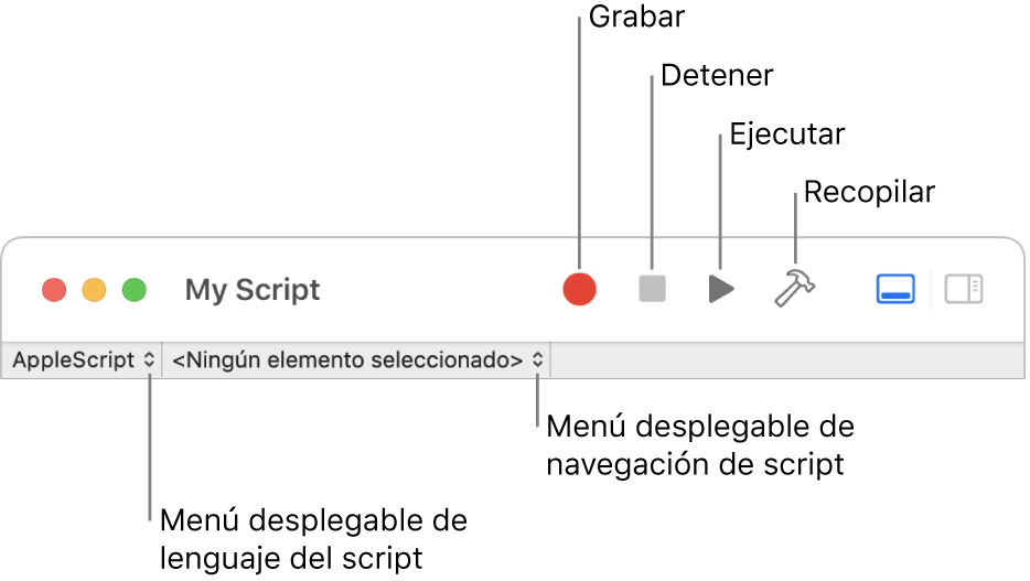 La barra de herramientas de Editor de Scripts mostrando los controles para grabar, detener, ejecutar, compilar, navegar por un script y elegir el lenguaje del script.
