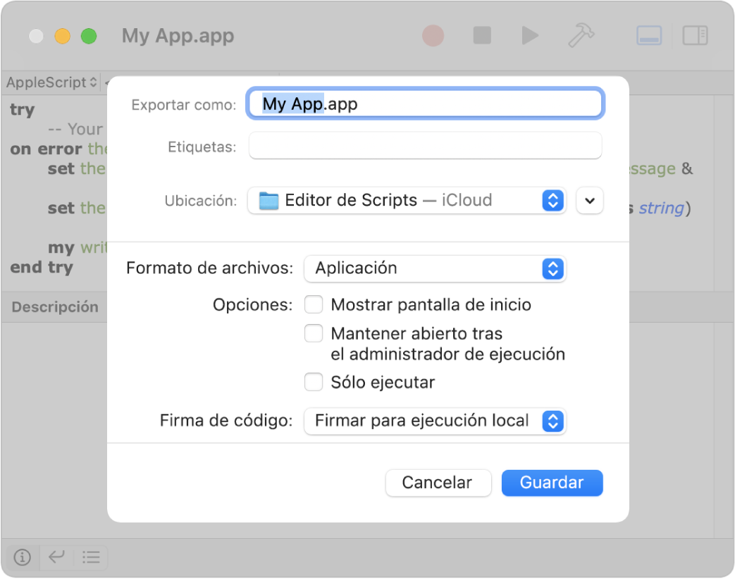 El cuadro de diálogo Exportar mostrando el menú desplegable “Formato del archivo” con la opción Aplicación seleccionada y las opciones que puedes establecer al guardar tu script.
