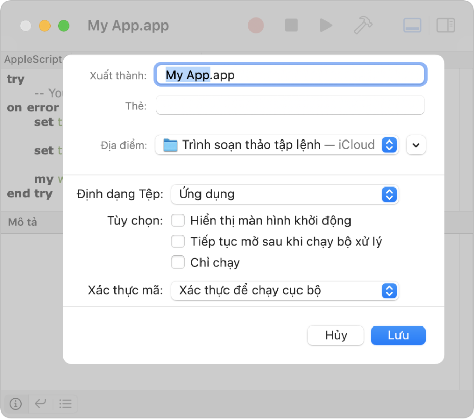 Hộp thoại Xuất đang hiển thị menu bật lên Định dạng tệp với Ứng dụng được chọn và tùy chọn bạn có thể đặt khi lưu tập lệnh của mình.