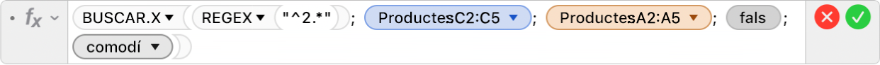 L'editor de fórmules mostra la fórmula =BUSCAR.X(REGEX("^2.*"), Productes::C2:C5, Productes::A2:A5, FALS,2).
