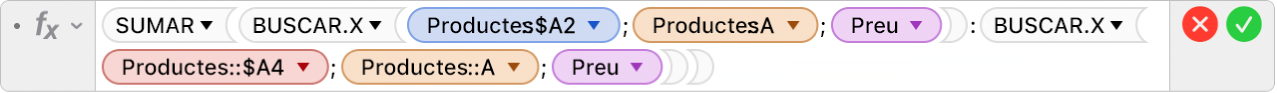 L'editor de fórmules mostra la fórmula =SUMAR(BUSCAR.X(Productes::$A2,Productes::A,Preu):BUSCAR.X(Productes::$A4,Productes::A,Preu)).