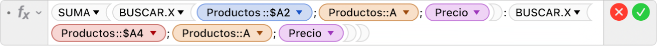 El editor de fórmulas muestra la fórmula =SUMA(BUSCAR.X(Productos::$A2,Productos::A,Precio):BUSCAR.X(Productos::$A4,Productos::A,Precio)).
