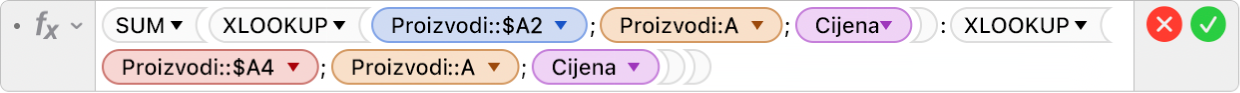 Uređivač formula prikazuje formulu =SUM(XLOOKUP(Proizvodi::$A2;Proizvodi::A;Cijena):XLOOKUP(Proizvodi::$A4;Proizvodi::A;Cijena)).