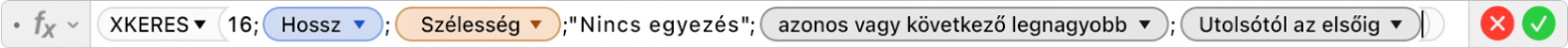 A képletszerkesztő az =XLOOKUP(16,Length,Width,"No match",1,-1) képlettel.