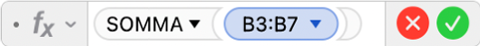 L'Editor di formule che mostra la formula =SOMMA(B3:B7).