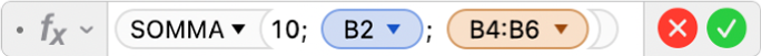 L'Editor di formule che mostra la formula =SOMMA(10; B2; B4:B6).