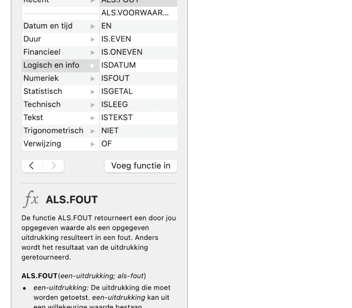 De functiekiezer met informatie over de functie ALS.FOUT.