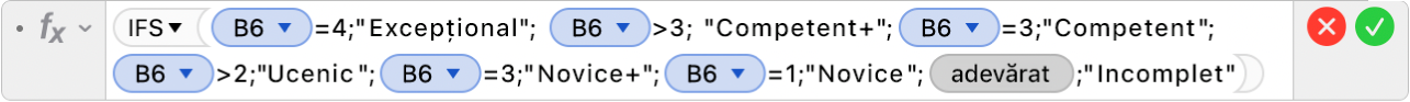 Editorul de formule afișând formula =IFS(B6=4;"Excepțional";B6>3;"Competent+";B6=3;"Competent";B6>2;"Ucenic+";B6=2;"Ucenic";B6=3;"Novice+";B5=1;"Novice";TRUE;"Incomplet").