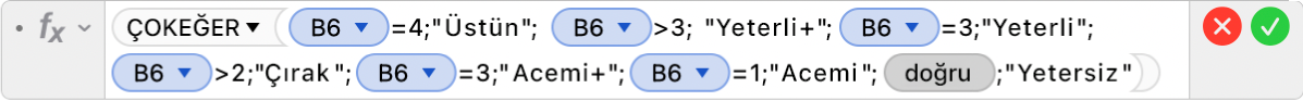 =ÇOKEĞER(B6=4,“Üstün”, B6>3, “Yeterli+”,B6=3,“Yeterli",B6>2,”Çırak+”,B6=2,”Çırak”,B6=3,”Acemi+”,B5=1,“Acemi”,DOĞRU,“Yetersiz”) formülünü gösteren Formül Düzenleyici.