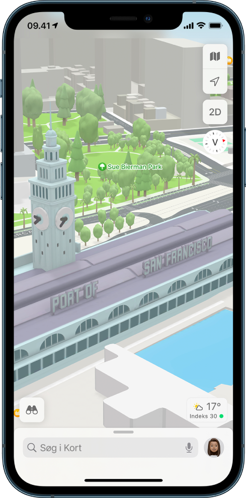 Et bykort i 3D, der viser bygninger, gader og en park.