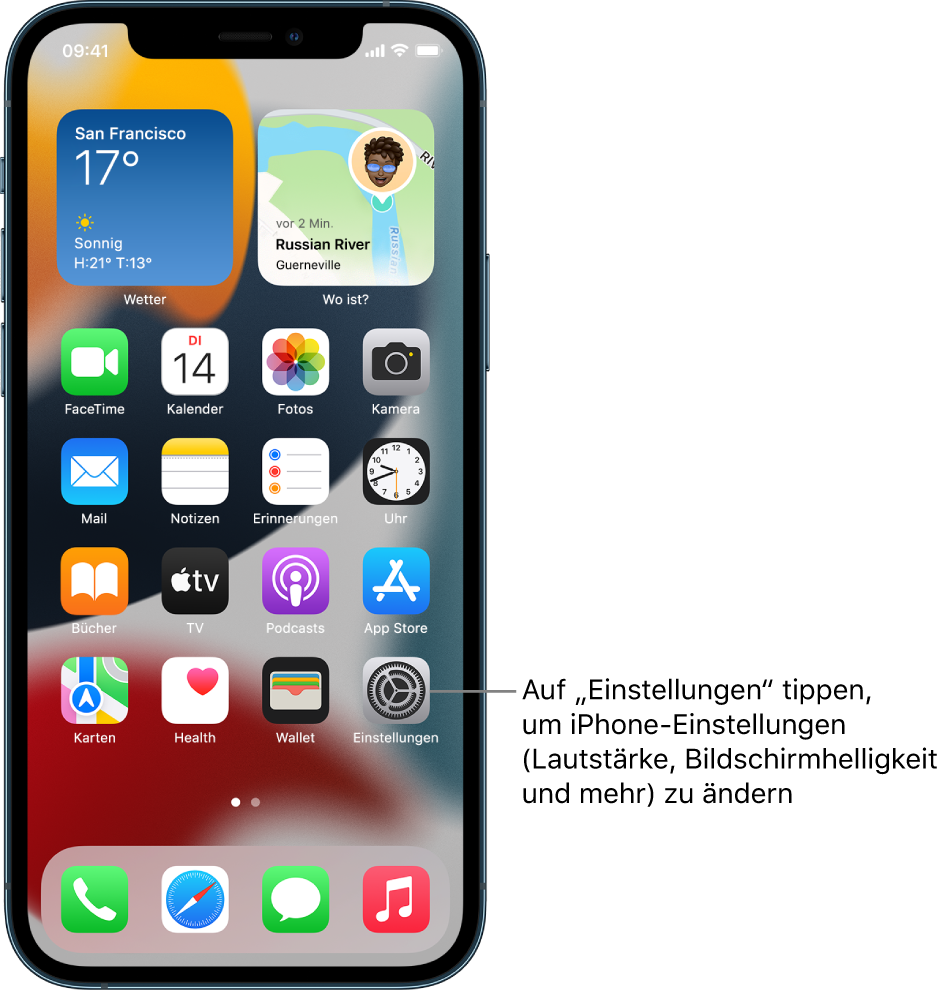 Der Home-Bildschirm mit mehreren App-Symbolen, unter anderem mit dem Symbol der App „Einstellungen“, in der du Einstellungen wie die Lautstärke und die Bildschirmhelligkeit für das iPhone ändern kannst.