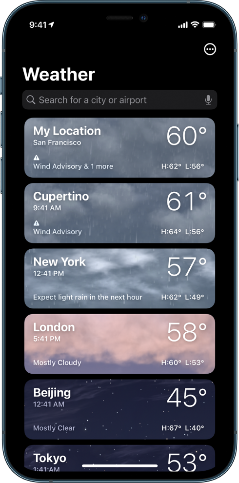 A list of cities showing the time, current temperature, forecast, and high and low temperatures for each city. At the top of the screen is the search field and in the top-right corner is the More button.