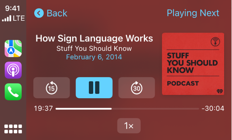 CarPlay Dashboard showing the podcast How Sign Language Works by Stuff You Should Know playing.