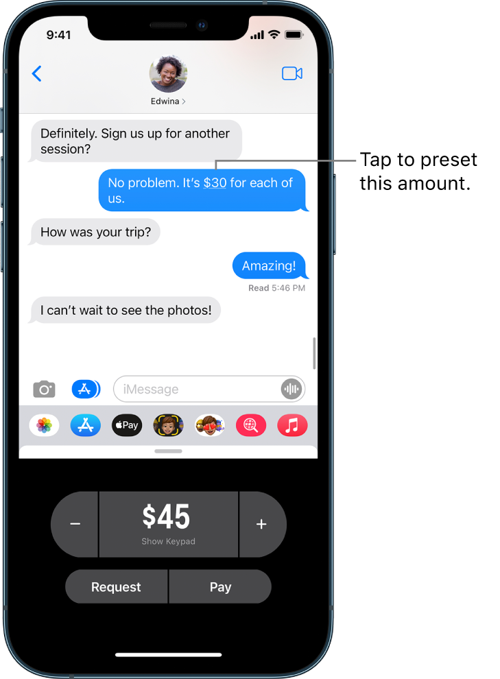 An iMessage conversation with the Apple Pay app open at the bottom.