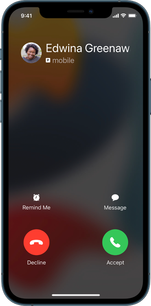 A screen showing a notification of an incoming call at the top. The Decline and Accept buttons are at the top right.