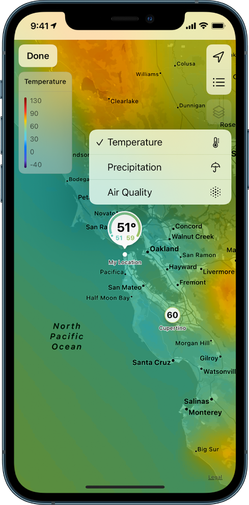 A temperature map of the surrounding area fills the screen. In the top-right corner from top to bottom are the Current Location and Favorite Locations buttons. A menu in the middle of the screen shows the following buttons to change the screen display: Temperature, Precipitation, and Air Quality. In the top-left corner is the Done button.