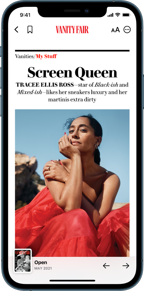Una pantalla con un artículo de revista. En la parte superior están los botones Back, “Resize Text” y Share. El nombre de la publicación también aparece en la parte superior. El artículo se muestra debajo de los botones. En la parte inferior de la pantalla, a la izquierda, se encuentra el botón de contenido (representado por una imagen en miniatura de la portada de la revista) y, a la derecha, están los botones Anterior y Siguiente.