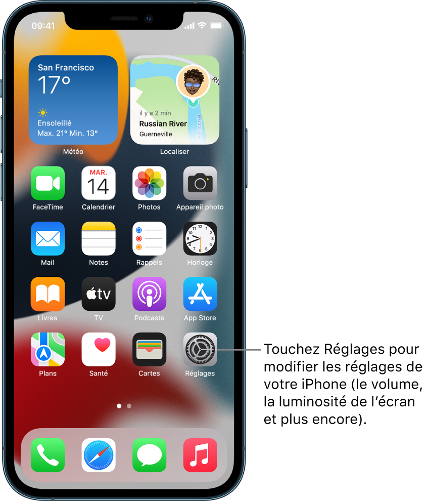 L’écran d’accueil avec plusieurs icônes d’app, notamment l’icône de l’app Réglages, que vous pouvez toucher pour modifier le volume, la luminosité de l’écran et d’autres réglages de votre iPhone.