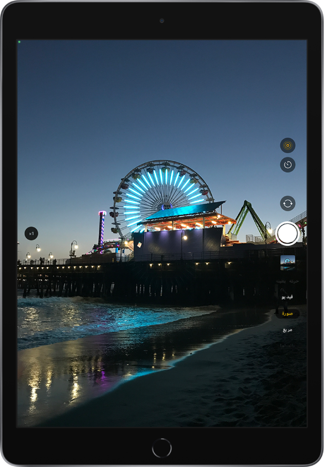 صورة على شاشة الكاميرا ملتقطة بـ iPad Pro. زر الغالق على اليسار، إلى جانب أزرار التبديل بين الكاميراتين واختيار وضع صورة.