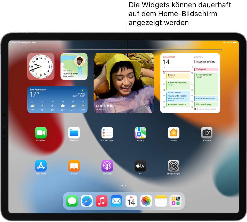 Der Home-Bildschirm mit Widgets; unter anderem sind die Widgets „Fotos“, „Kalender“ und „Wetter“ zu sehen.