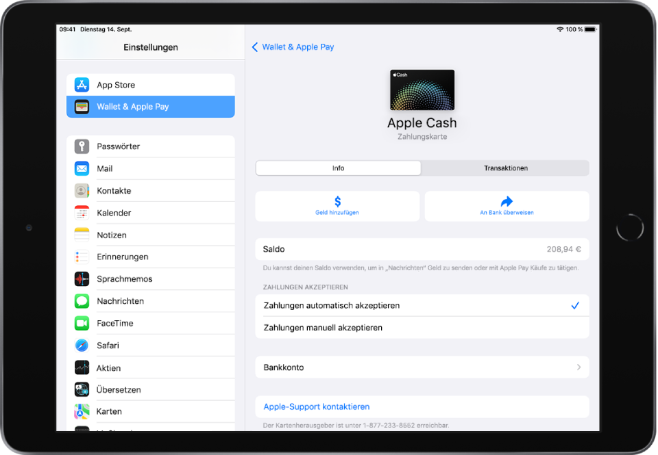 Der Bildschirm mit den Details zu deiner Apple Cash-Karte. Oben rechts wird der Kontostand angezeigt.