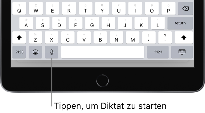 Auf der Bildschirmtastatur ist die Taste „Diktieren“ zu sehen (links neben der Leertaste). Tippe auf diese Taste, um mit dem Diktieren zu beginnen.