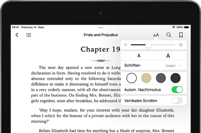 In einem Buch wurde das Menü „Erscheinungsbild“ ausgewählt. Von oben nach unten sind Steuerelemente für folgende Einstellungen zu sehen: Helligkeit, Schriftgröße, Schriftstil, Seitenfarbe, automatischer Nachtmodus und Rollansicht.