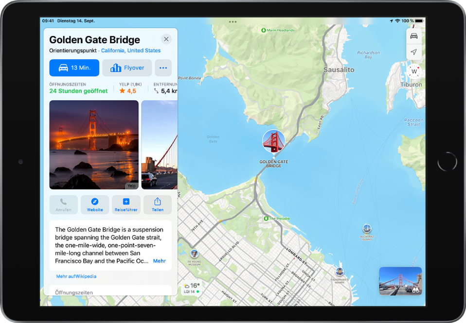 Eine Karte mit der Golden Gate Bridge. Links auf dem Bildschirm befindet sich eine Informationskarte für die Golden Gate Bridge mit einer Taste „Flyover“ unter der Taste „Route“.