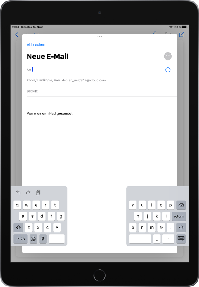 Eine neue E-Mail wird mithilfe der geteilten und vom unteren Bildschirmrand des iPad abgedockten Tastatur erstellt.