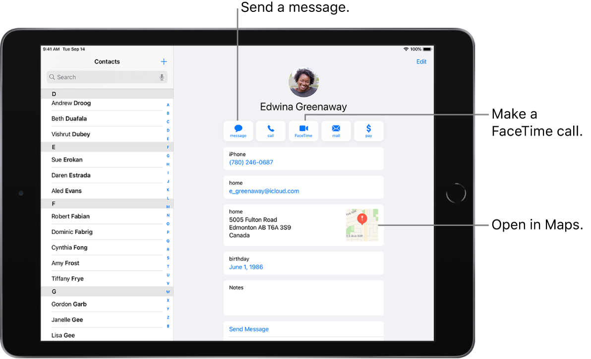 The Contacts screen, with the Contacts list on the left and the selected contact card on the right. Below the contact’s photo and name are buttons for sending a message, making a phone call, making a FaceTime call, sending an email message, and sending money with Apple Pay. Below the buttons is the contact information.