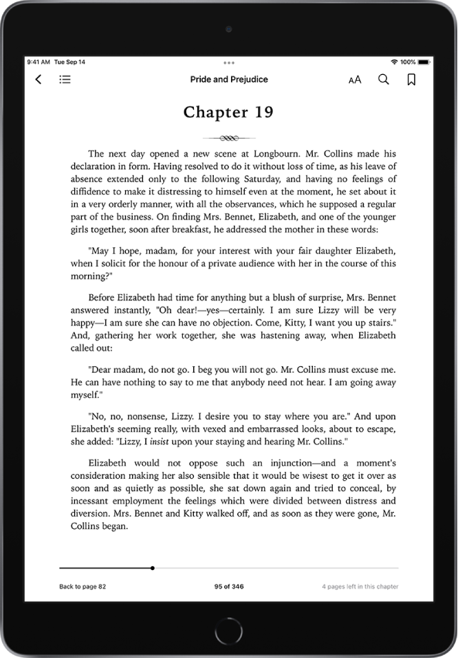 The page of a book open in the Books app showing the navigation controls at the top of the screen, from left to right, for close a book, table of contents, the appearance menu, search, and bookmark.