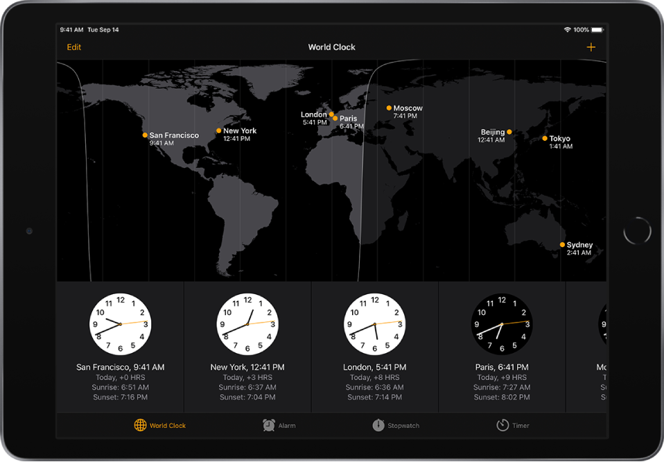 The World Clock tab, showing the time in various cities. The Edit button near the upper-left corner lets you delete cities. The Add button near the upper-right corner lets you add more cities. The World Clock, Alarm, Stopwatch, and Timer buttons are along the bottom.