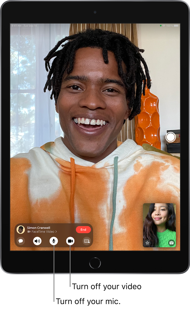 A FaceTime call in progress. Your image appears in a small tile near the bottom right, and the image of the other person fills the rest of the screen. The small tile includes the Effects and Flip to Back Camera buttons. The Live Photo button is on the right side of the screen. The FaceTime controls are at the bottom of the screen, including the Open Messages, Audio, Mute Off, Camera On, and Share Content buttons. At the top of the controls are the name or Apple ID of the person you’re talking to, and the End button.