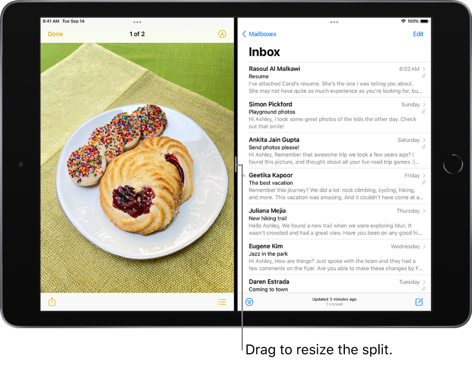 A graphics app is open on the left side of the screen, and Mail is open on the right side. Between the apps is an adjustable divider used to resize the split.