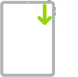 An illustration of iPad with an arrow that indicates swiping down from the top-right corner.